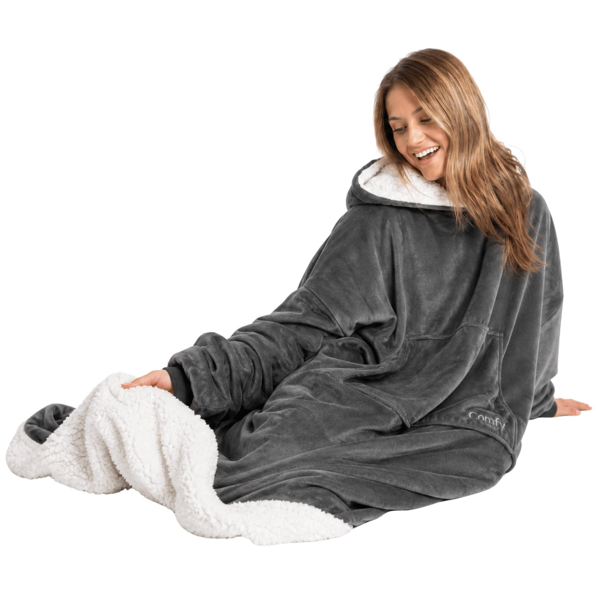 THE COMFY front view showing oversized wearable blanket hoodie and cozy coverage