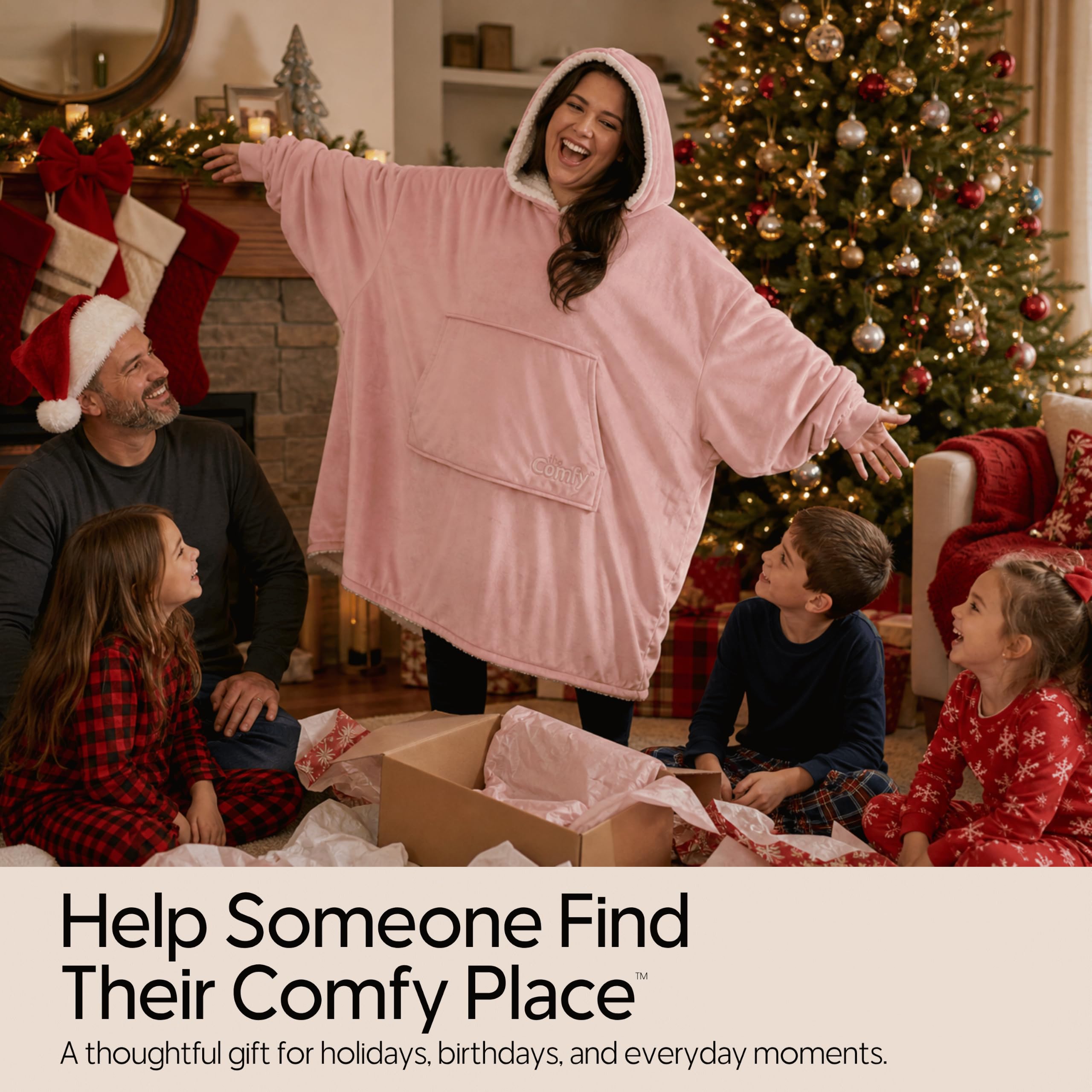 THE COMFY size comparison on chair showing oversized fit and full-leg coverage