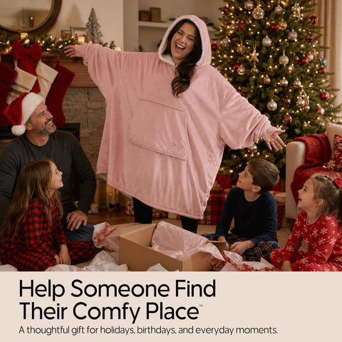 THE COMFY size comparison on chair showing oversized fit and full-leg coverage