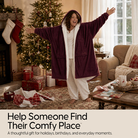 THE COMFY size comparison on model illustrating oversized fit and layering ease