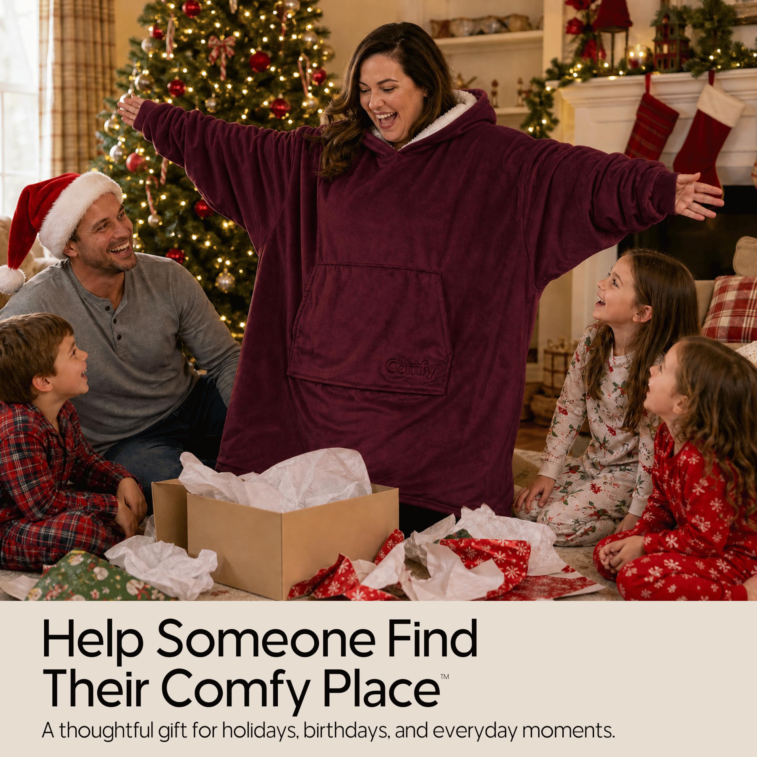 THE COMFY seated size comparison showing roomy fit for most adults