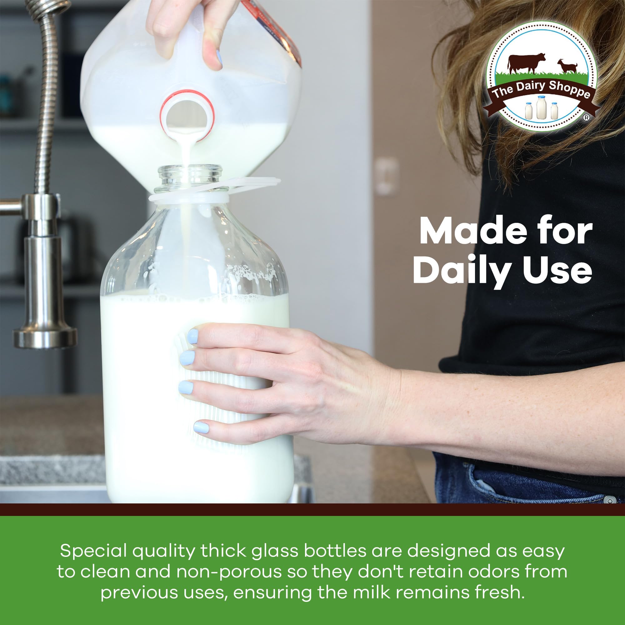 The Dairy Shoppe bottle placed in fridge door demonstrating space-saving fit