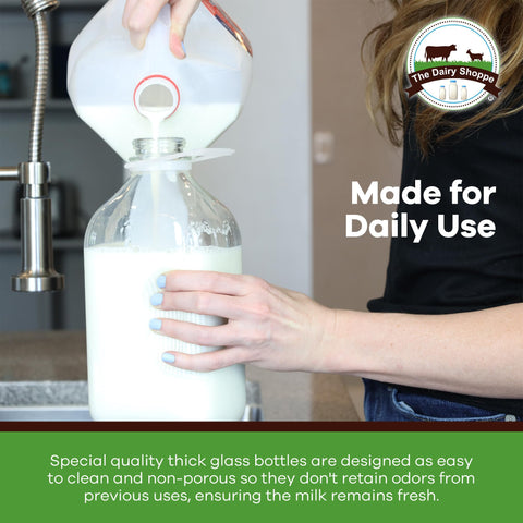 The Dairy Shoppe bottle placed in fridge door demonstrating space-saving fit