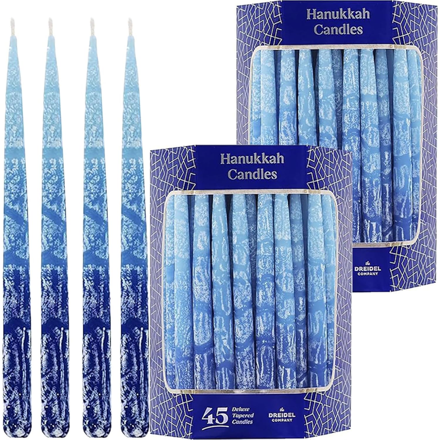 The Dreidel Company front box showing 45 blue frosted candles and quantity benefit