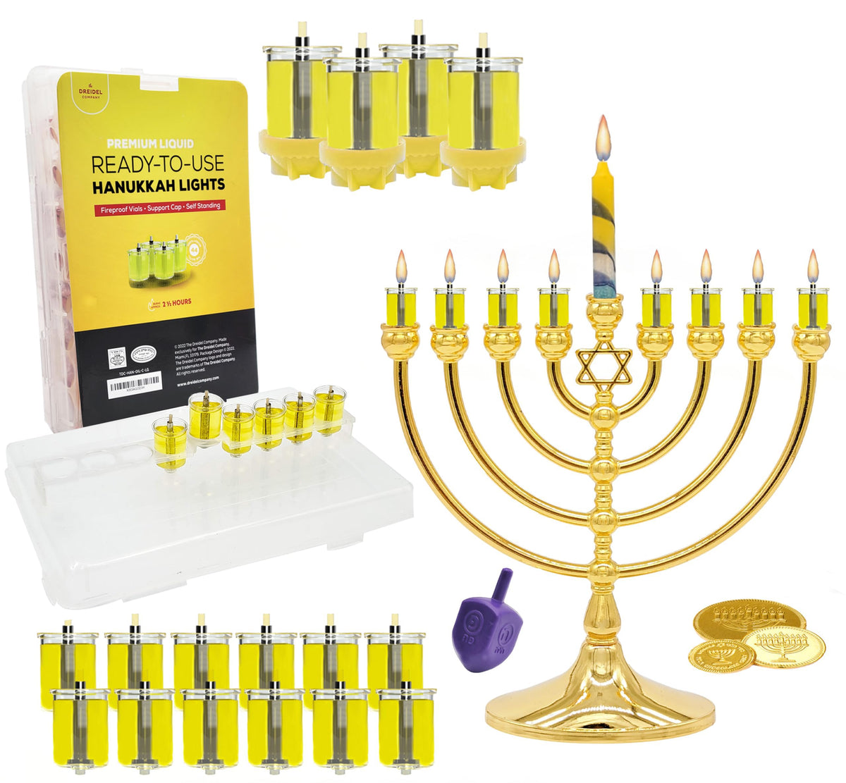 The Dreidel Company front packaging showing 44 pre-filled glass cups, easy setup