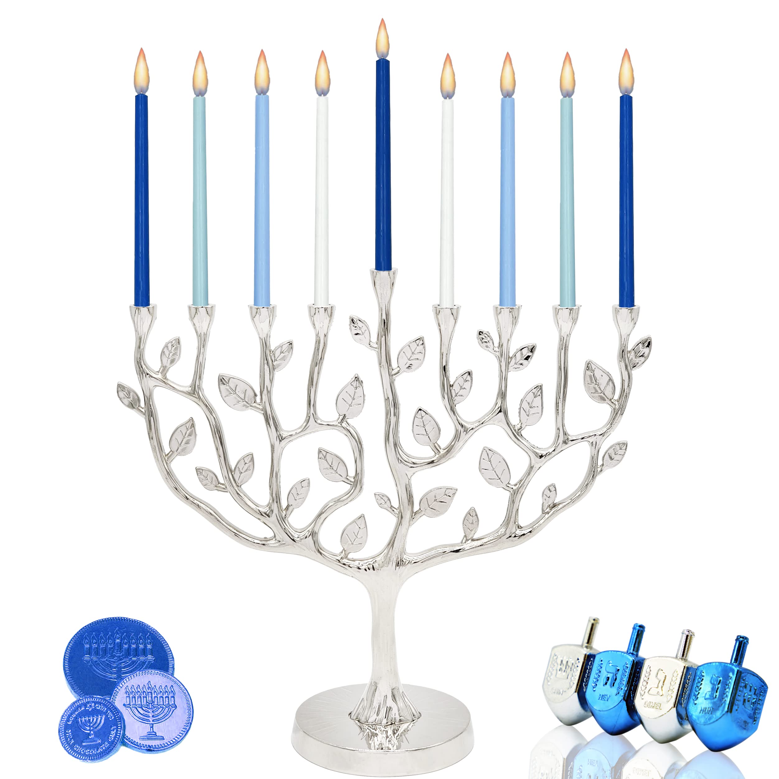 The Dreidel Company menorah lit with candles showing warm ceremonial glow
