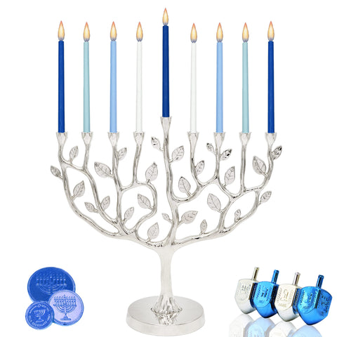 The Dreidel Company menorah lit with candles showing warm ceremonial glow