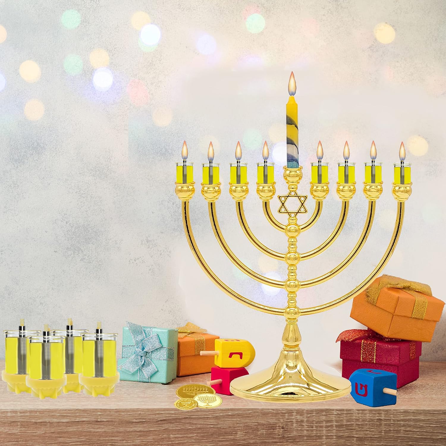 The Dreidel Company cups lit in a menorah during Hanukkah, festive warm lighting benefit