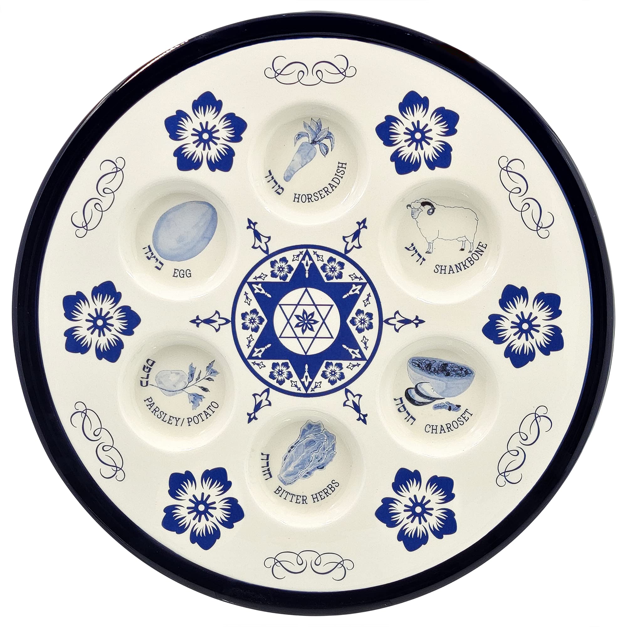 The Dreidel Company Seder plate front view showing blue Renaissance design and six wells for clear ritual presentation