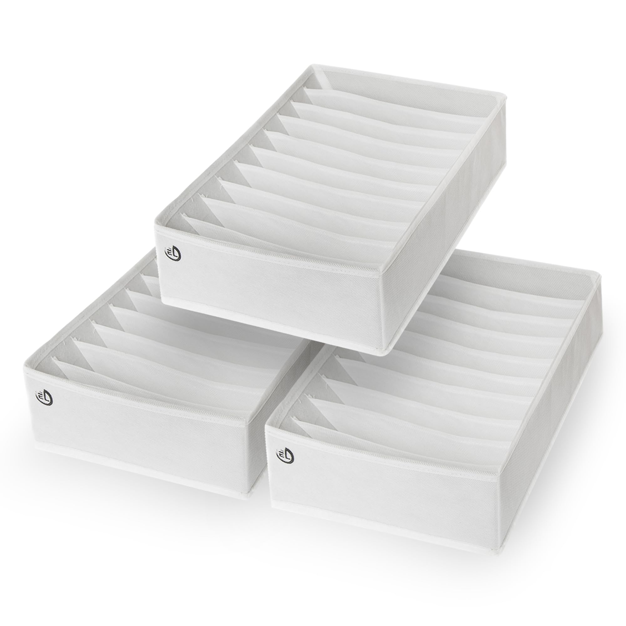 The Edit Living front packaging showing three white drawer organizers for tidy storage