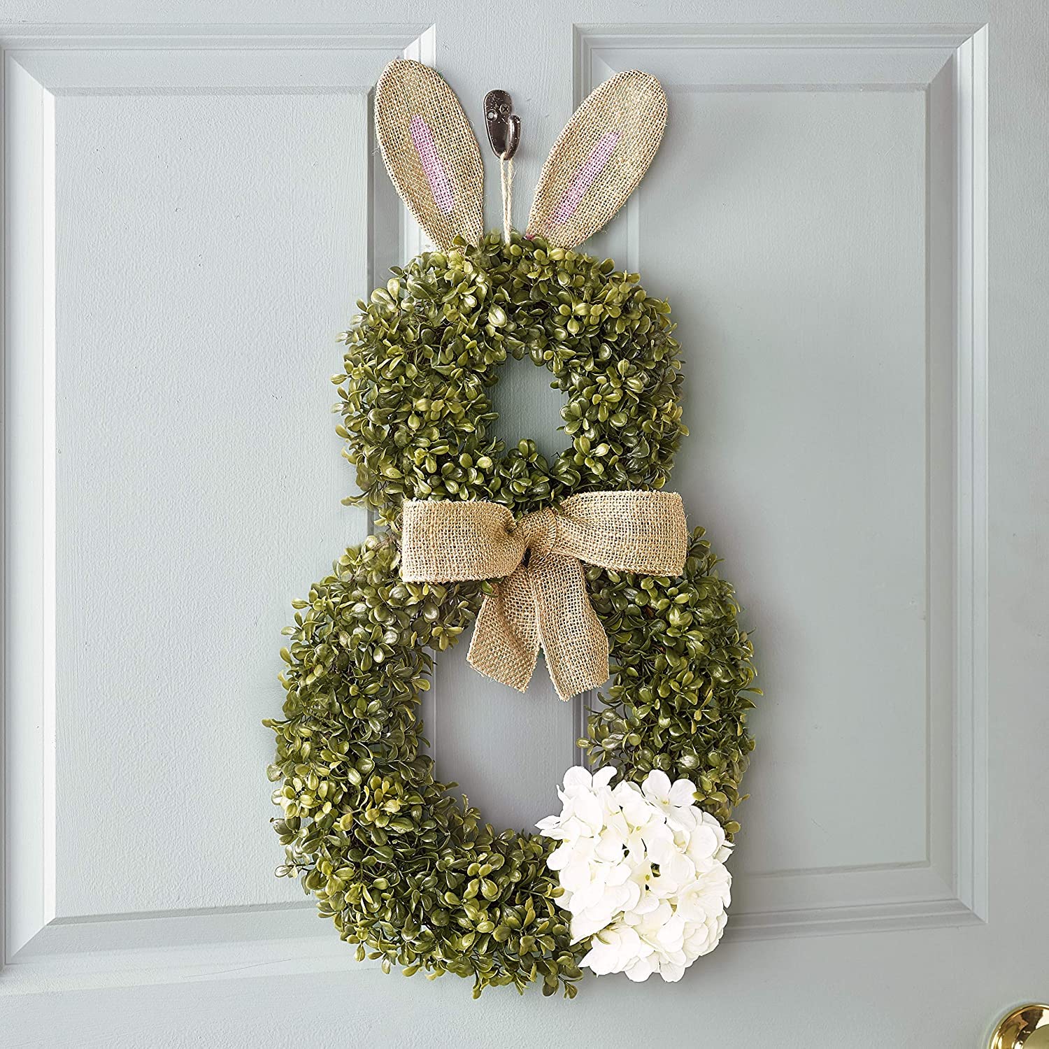 The Lakeside Collection cottontail wreath close-up of rabbit and greenery, shows texture