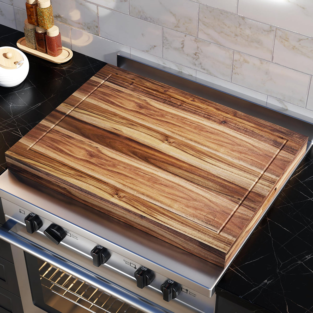 The Mood Wood front view stove cover showing full board and handles for extra workspace