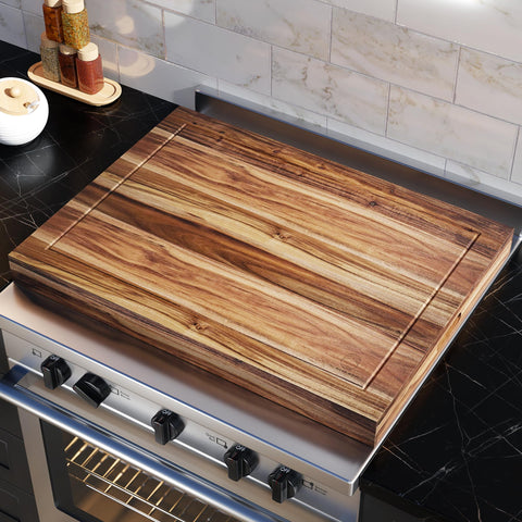 The Mood Wood front view stove cover showing full board and handles for extra workspace