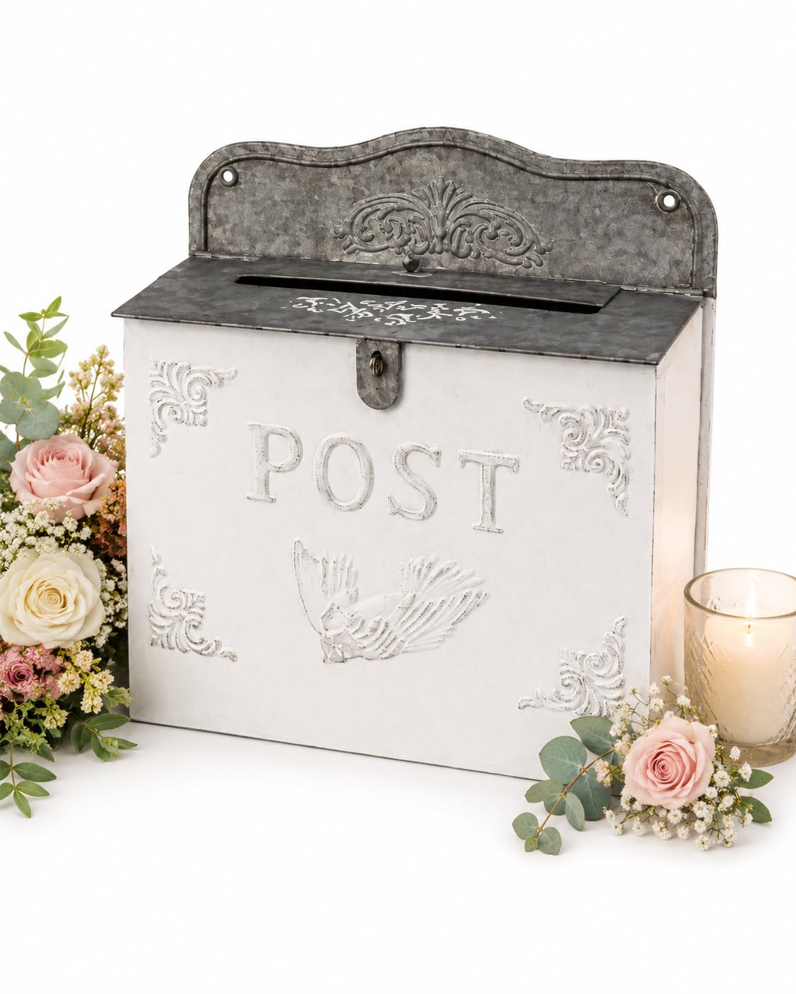 THE NIFTY NOOK front view white mailbox showing vintage charm and table-ready design