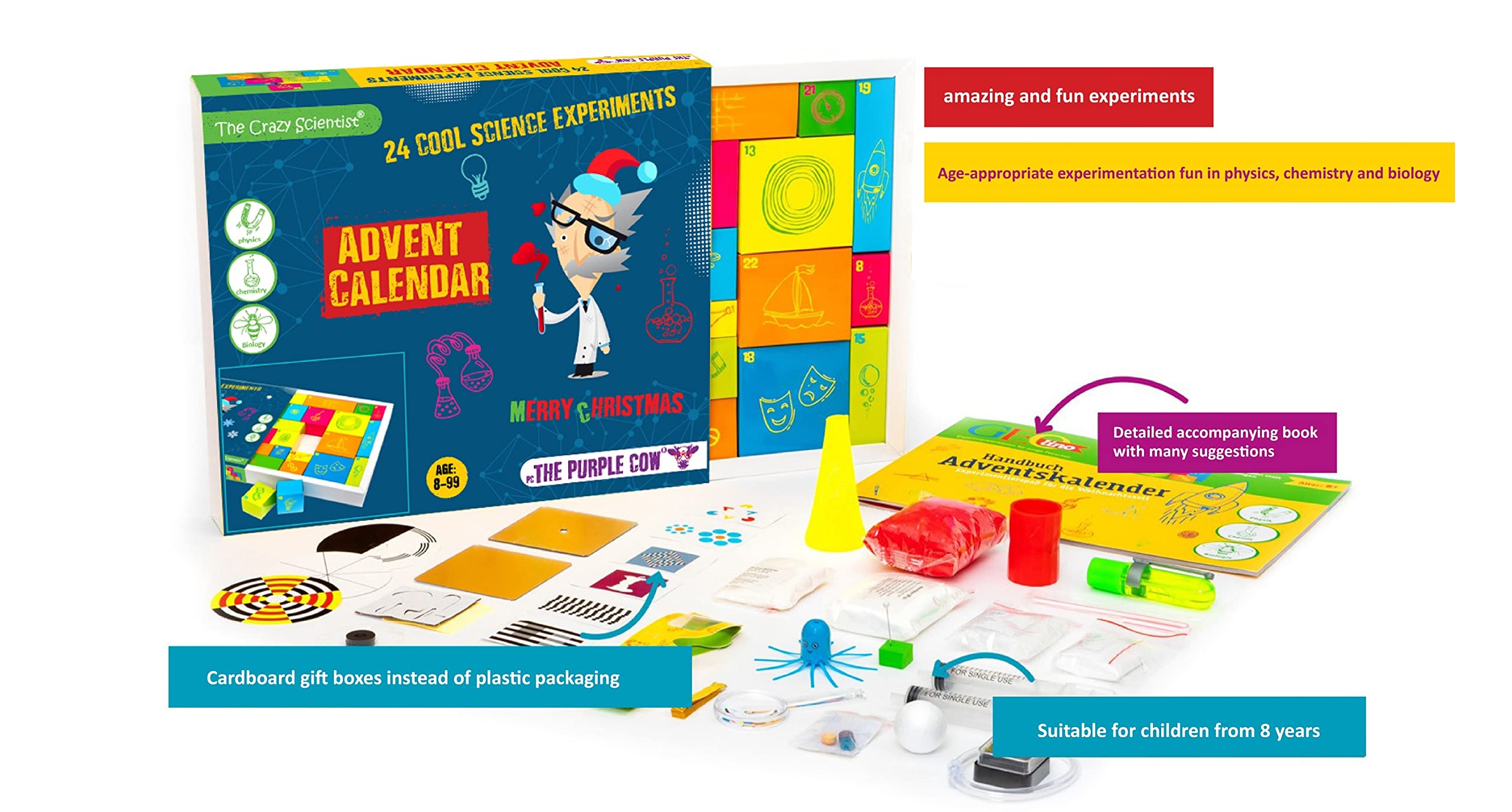 The Purple Cow advent calendar opened with 24 numbered experiment boxes visible