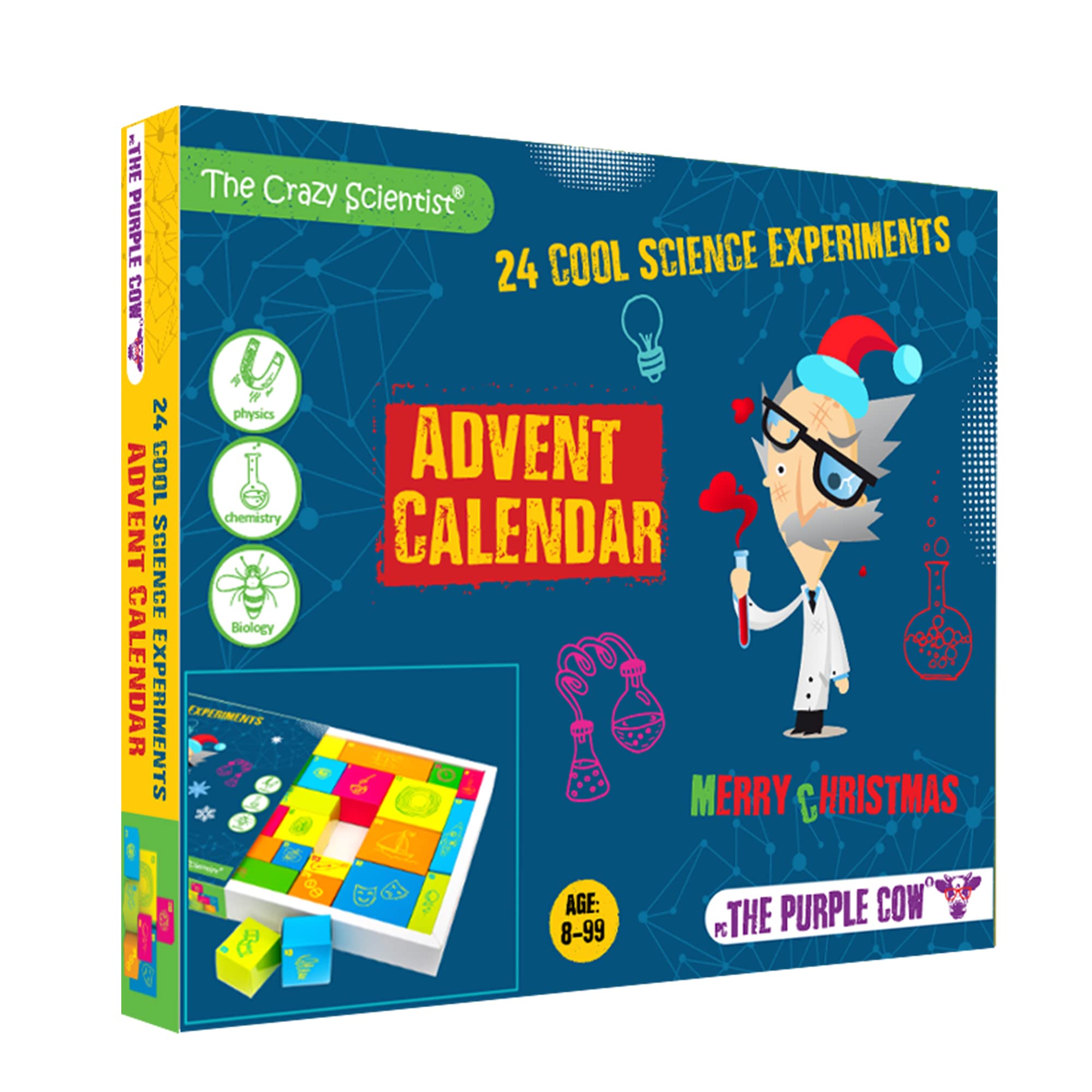 The Purple Cow front packaging showing calendar design and festive science theme