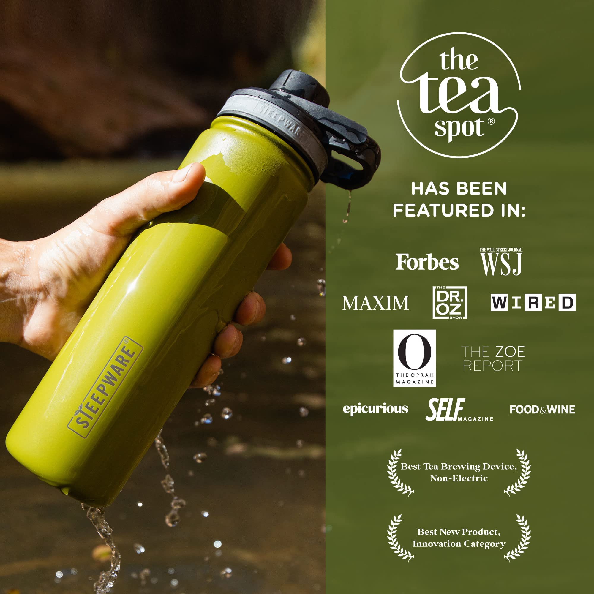 the tea spot deep stainless-steel infuser beside bottle for easy brewing