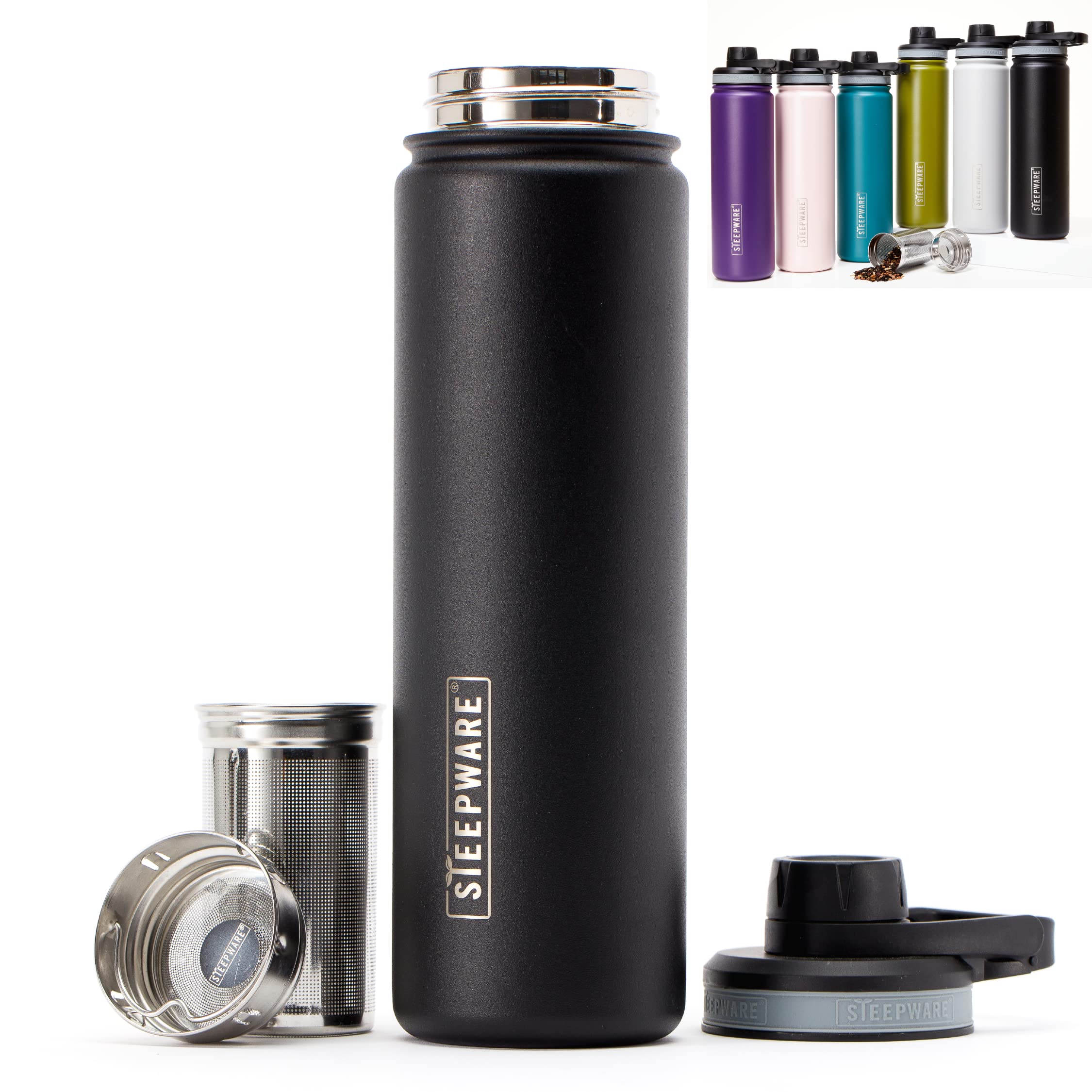 The Tea Spot front view of black tumbler showing sleek travel-ready design and capacity