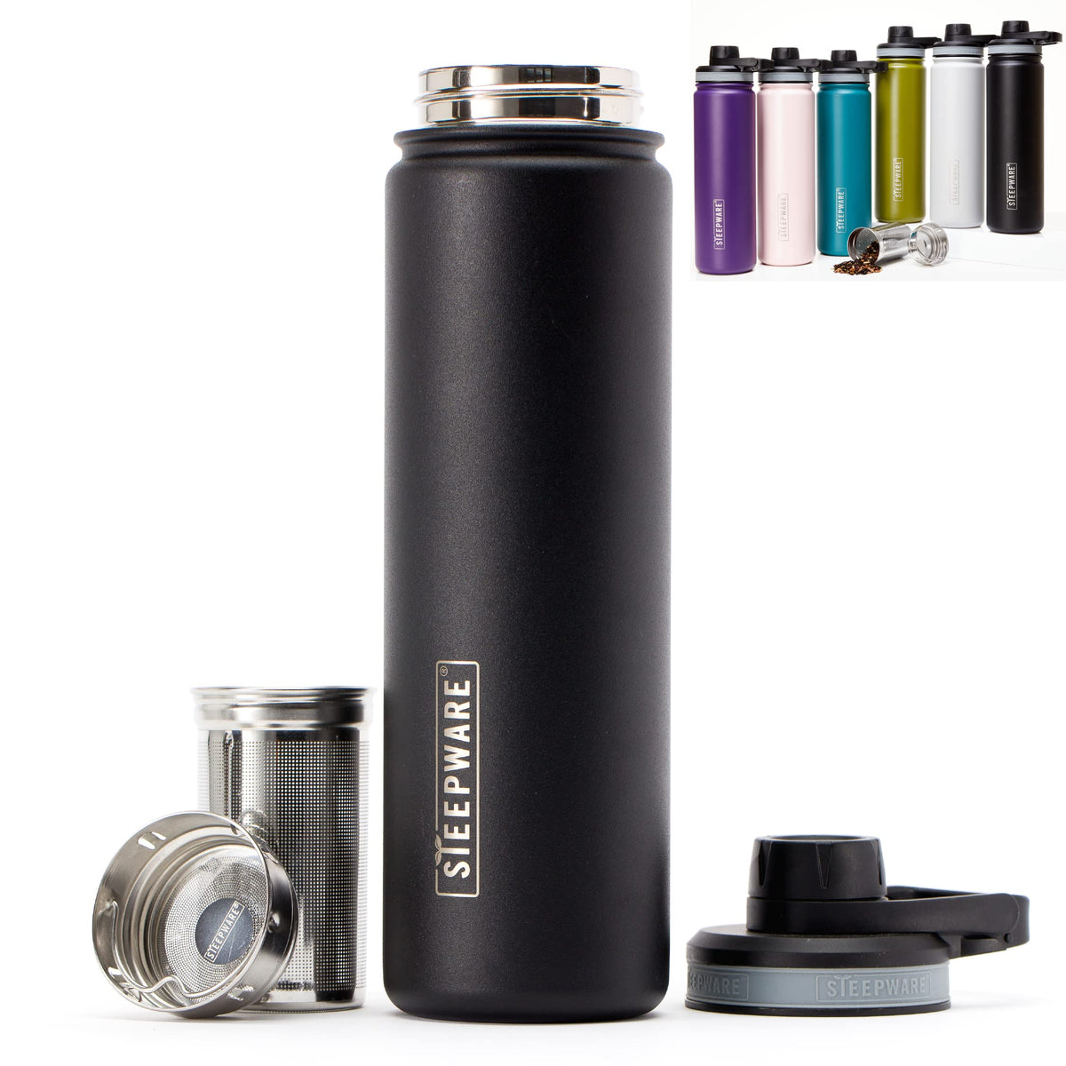 The Tea Spot front view of black tumbler showing sleek travel-ready design and capacity