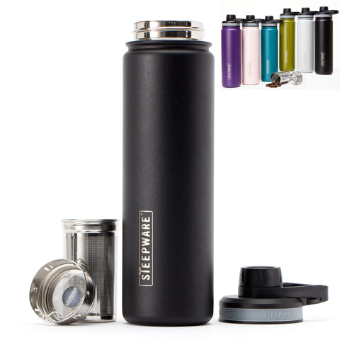 The Tea Spot front view of black tumbler showing sleek travel-ready design and capacity