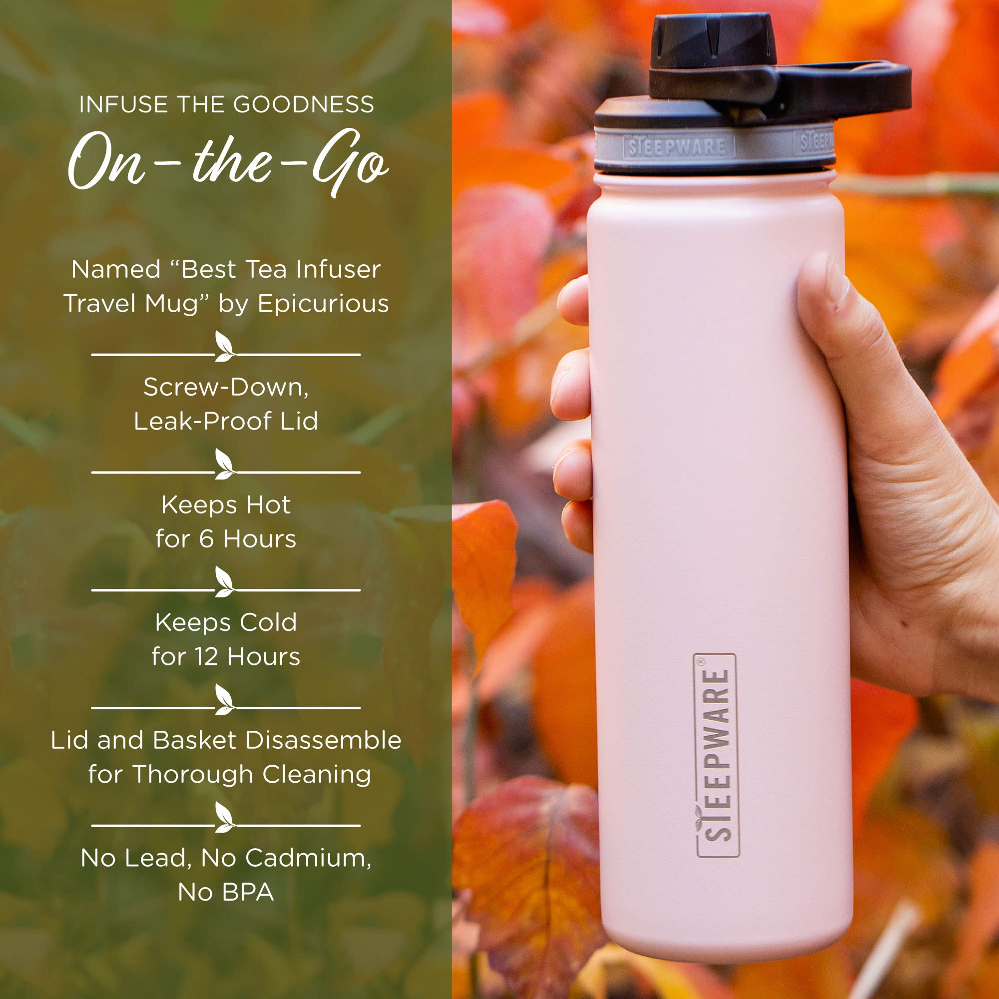 The Tea Spot screw-down lid and covered mouthpiece keeping the bottle leak-resistant