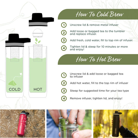 The Tea Spot slim tumbler held in hand demonstrating cup-holder friendly size