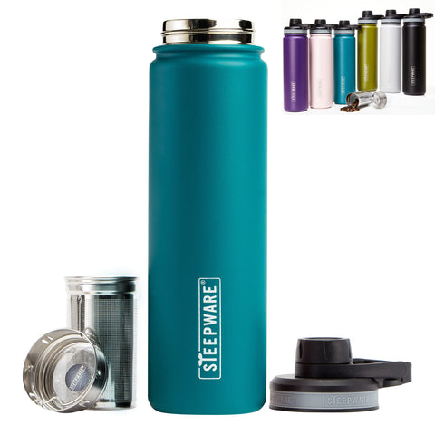 the tea spot front view of teal tumbler showing sleek design and portability