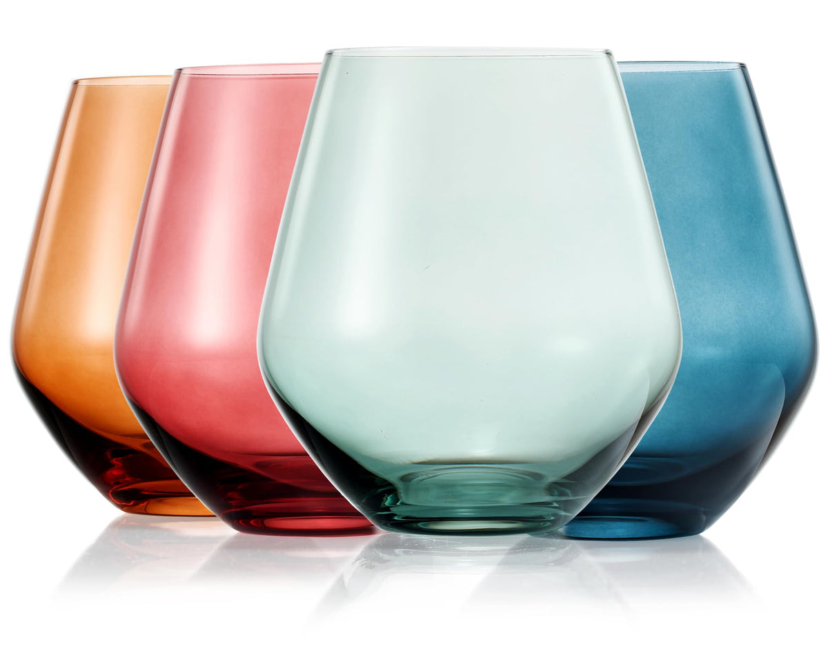 The Wine Savant Khen front view showing four pastel stemless glasses, elegant table impact