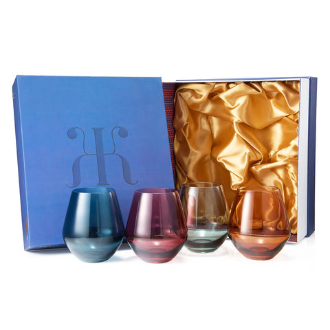 The Wine Savant Khen set arranged on dining table, adds colorful sophistication to meals
