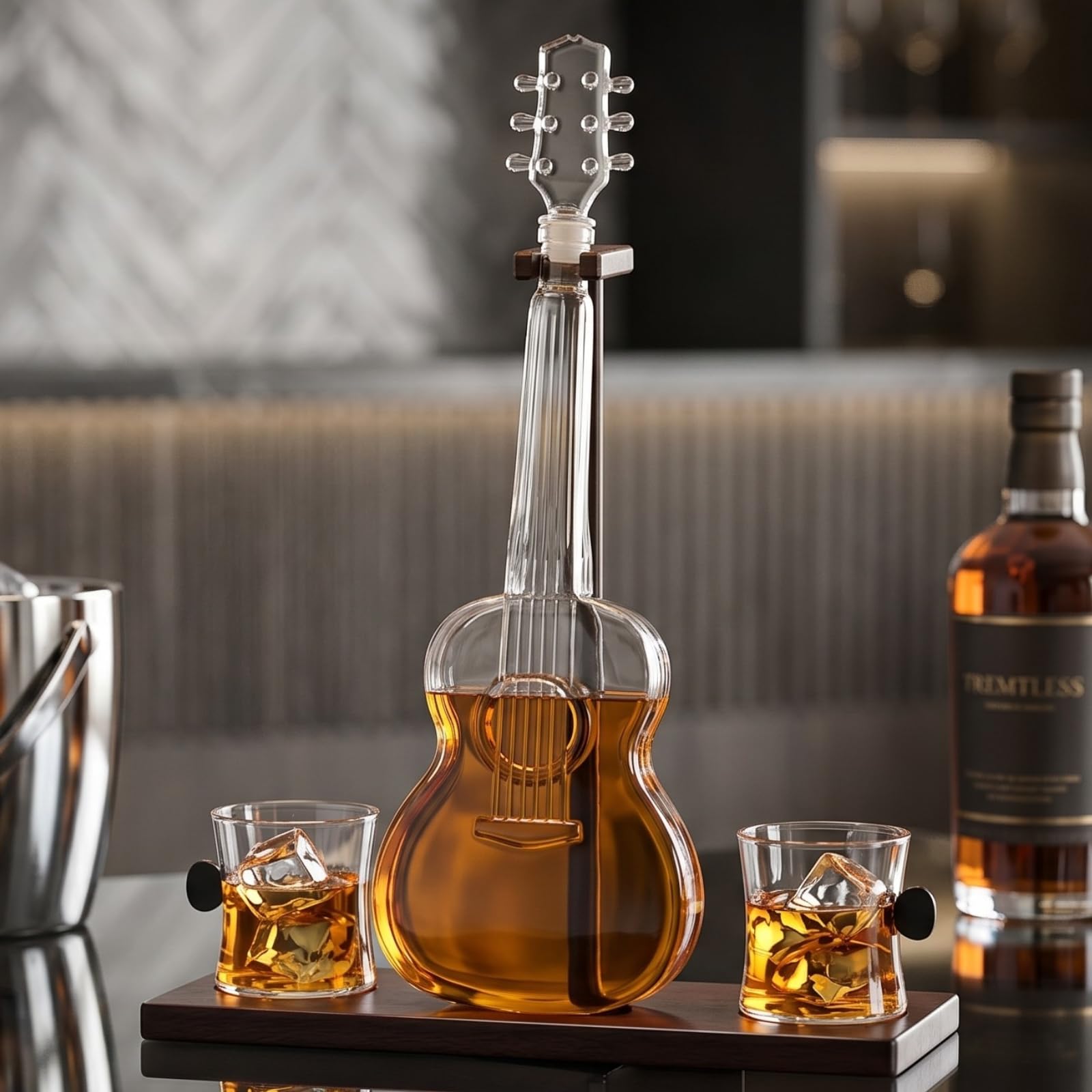 The Wine Savant decanter on a home bar setting adding musical atmosphere