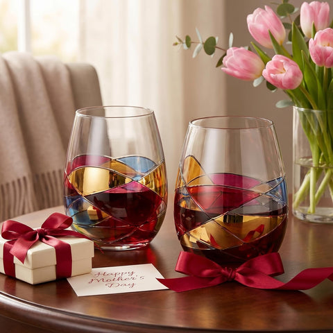 The Wine Savant glasses placed on a dinner table adding festive color