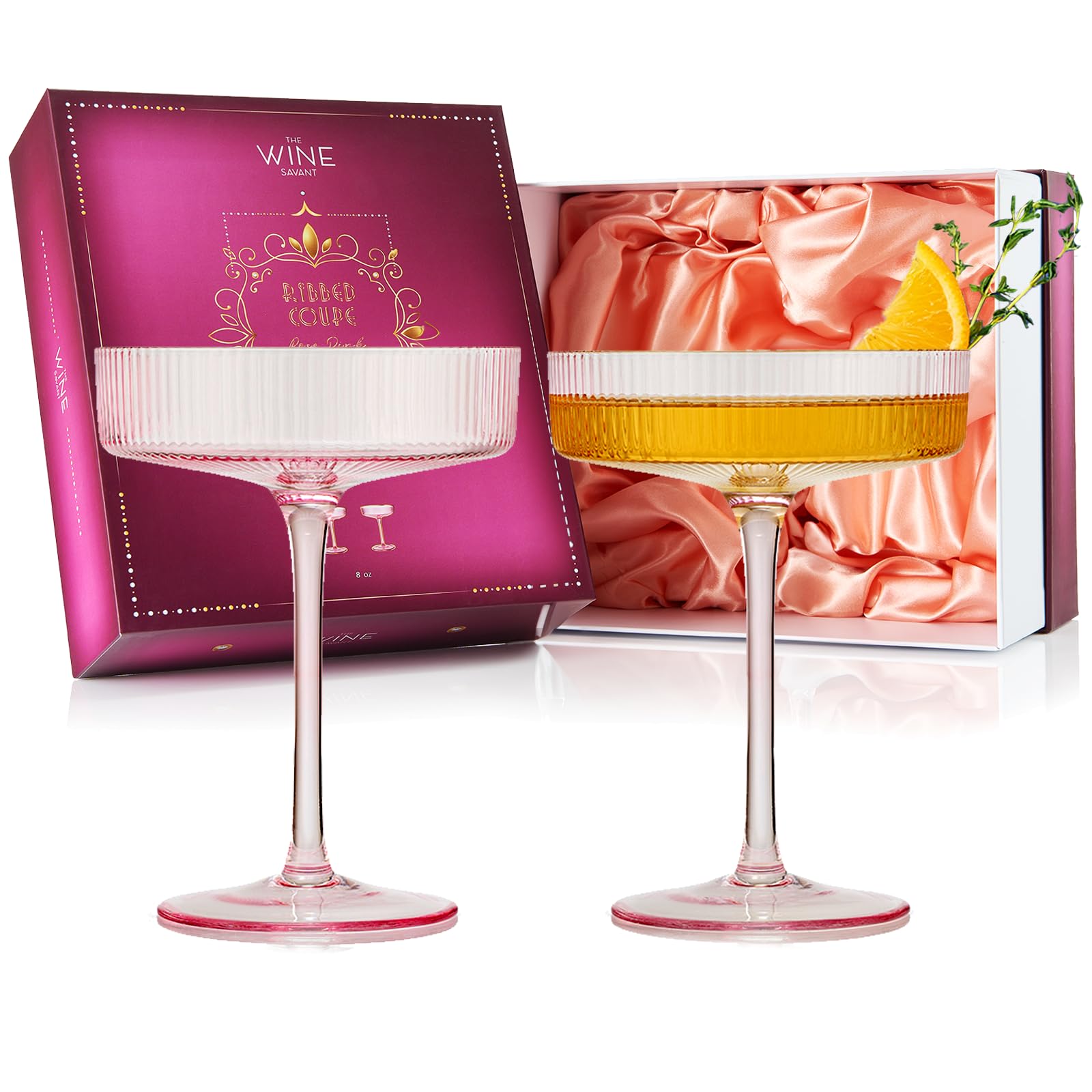 The Wine Savant front view of pink coupe glasses shows elegant presentation benefit