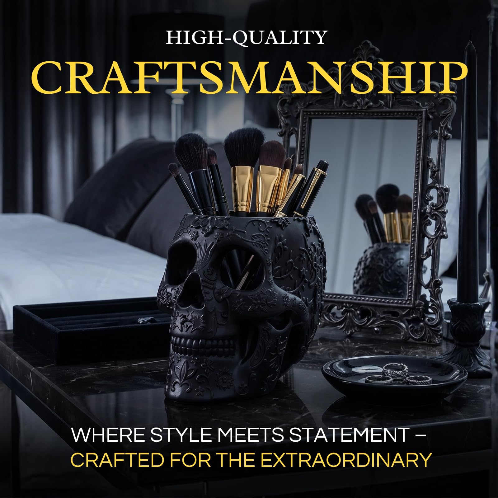the wine savant skull in bathroom setup organizing brushes and tools