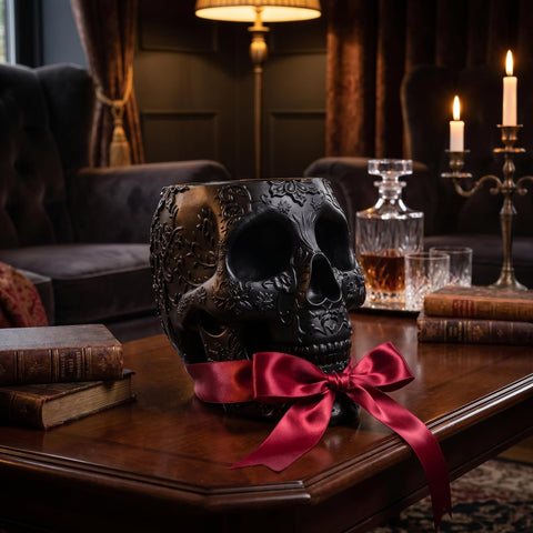 the wine savant skull on desk with pens keeping workspace tidy