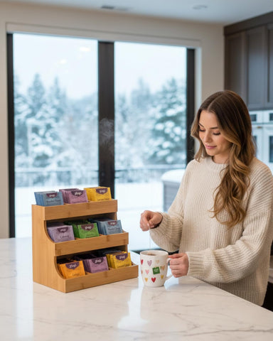 Theodore holding coffee pods and creamers for multipurpose organization
