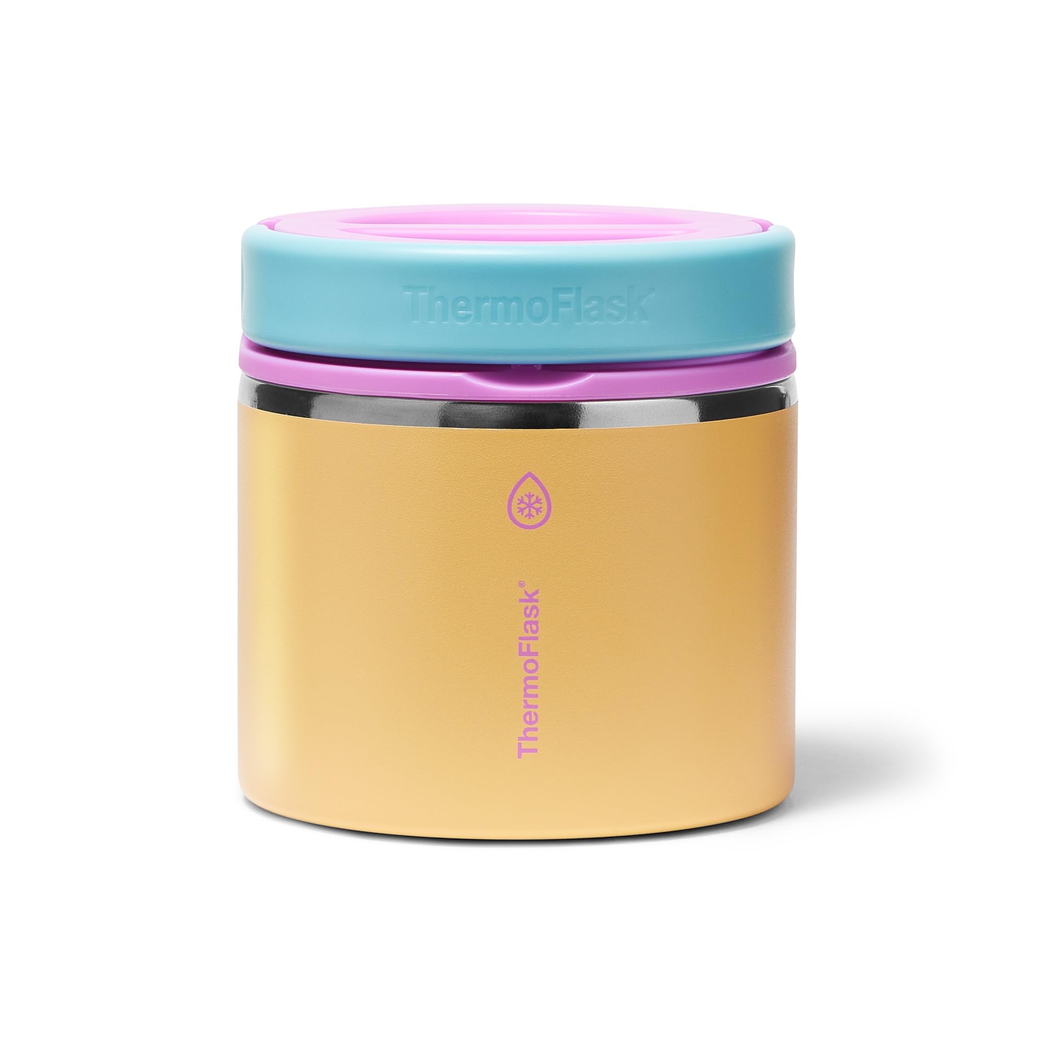 ThermoFlask front view in Candy Oasis showing compact insulated jar and lid for easy packing