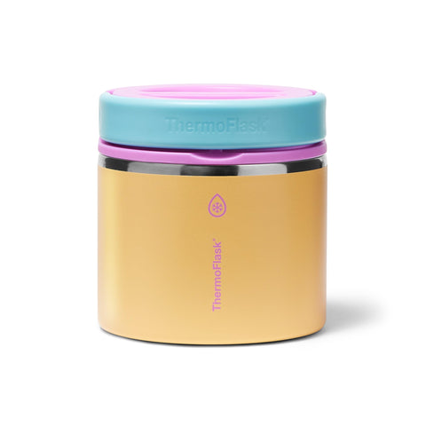 ThermoFlask front view in Candy Oasis showing compact insulated jar and lid for easy packing