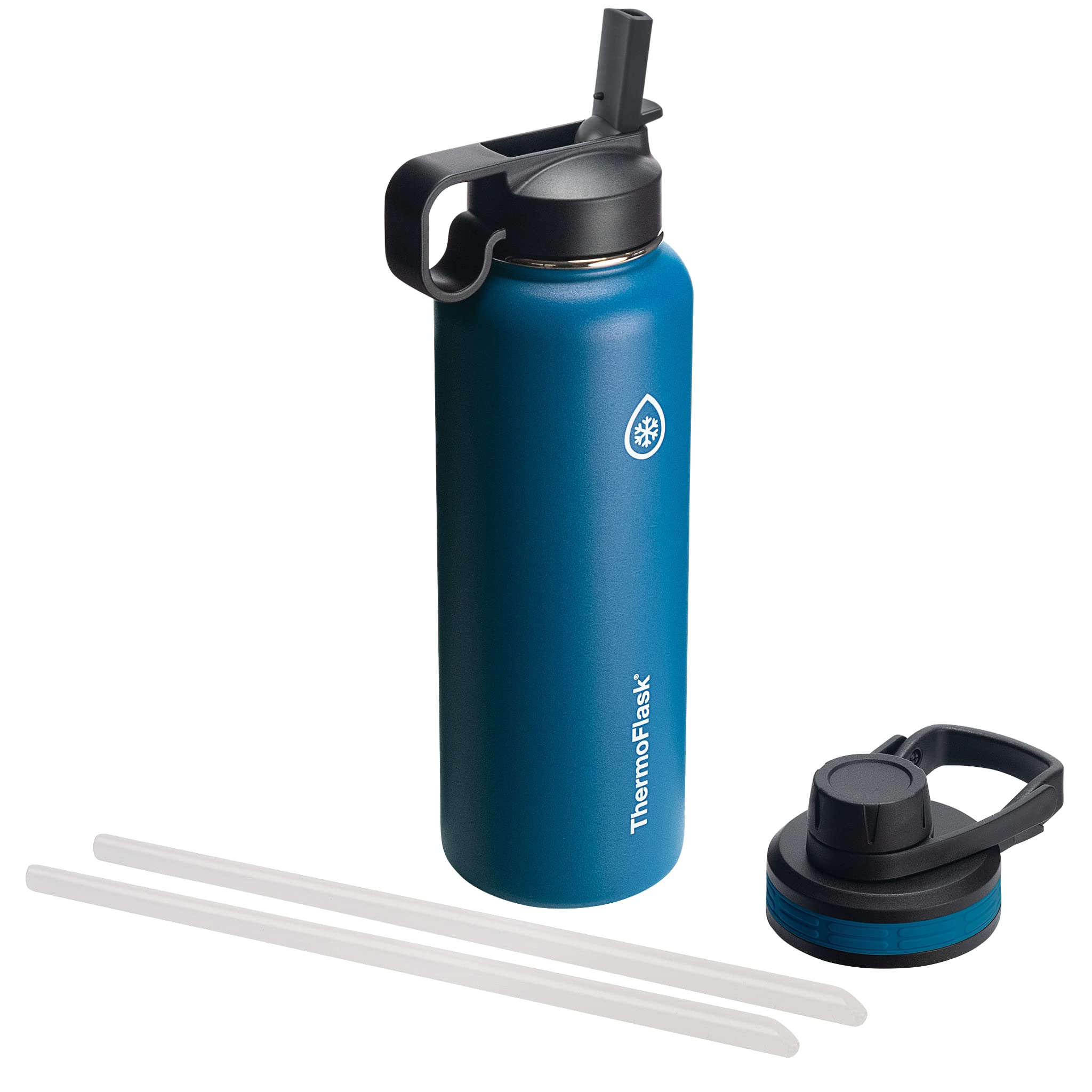 ThermoFlask cobalt front view showing sleek insulated bottle and capacity benefit