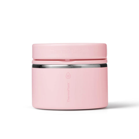 ThermoFlask front view blush shows compact insulated jar and portability benefit