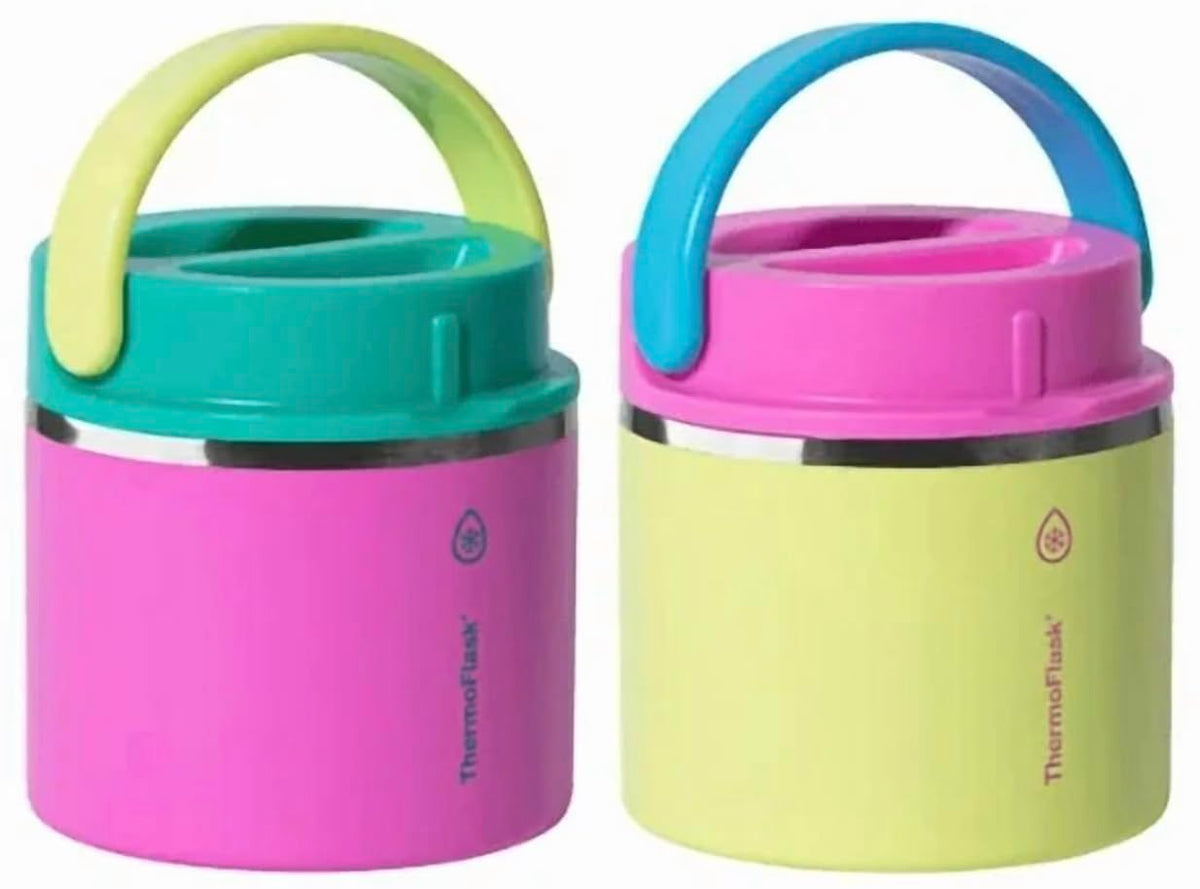 ThermoFlask front view pink and blue showing compact travel-ready jars and color-coded convenience