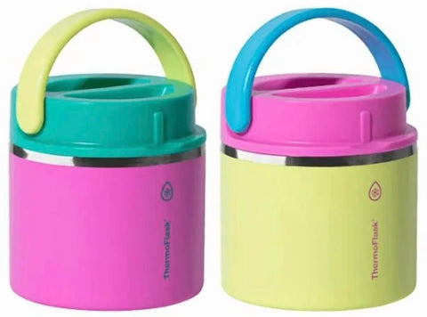 ThermoFlask front view pink and blue showing compact travel-ready jars and color-coded convenience