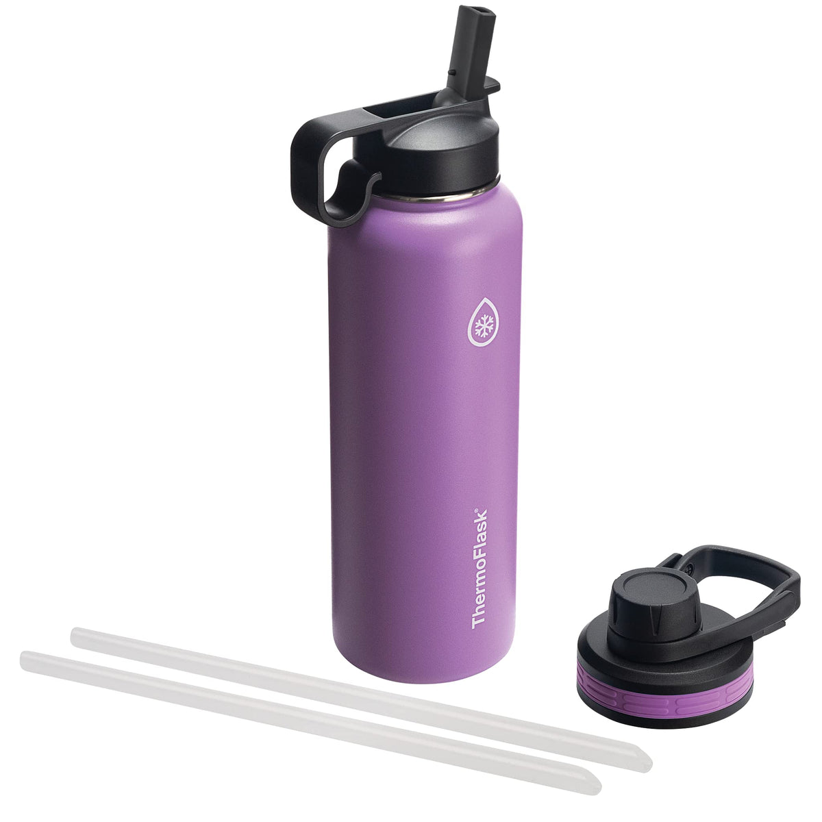 ThermoFlask plum front view showing sleek bottle and durable finish benefit