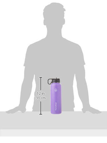 ThermoFlask next to a hand showing 40 oz scale and easy-carry capacity benefit