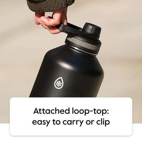 ThermoFlask held in hand showing 40 oz scale for fewer refills benefit