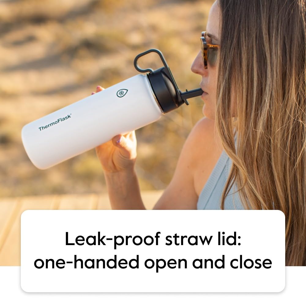 ThermoFlask straw lid in use showing hands-free sipping on the go benefit