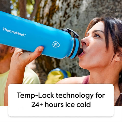 ThermoFlask wide mouth filled with ice showing easy ice insertion and cooling benefit