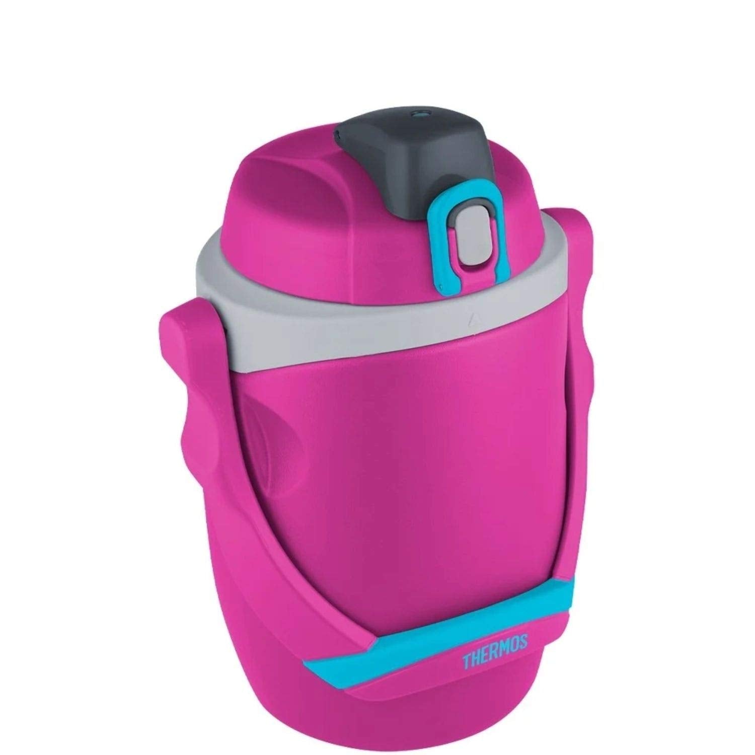 THERMOS 64 ounce pink bottle front view showing handle and push-button lid for easy transport