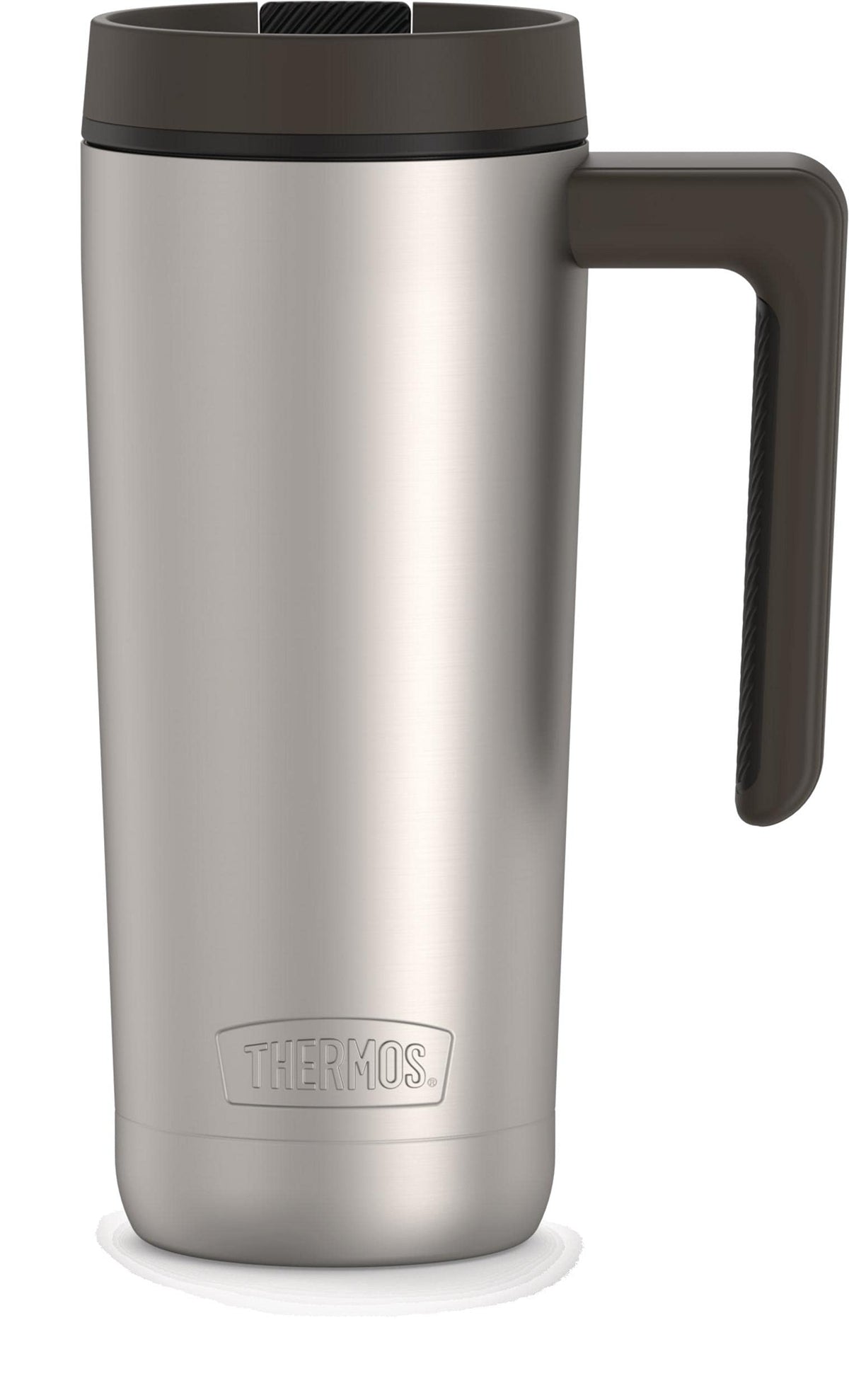 THERMOS front view showing matte steel finish and espresso black accents, stylish and durable
