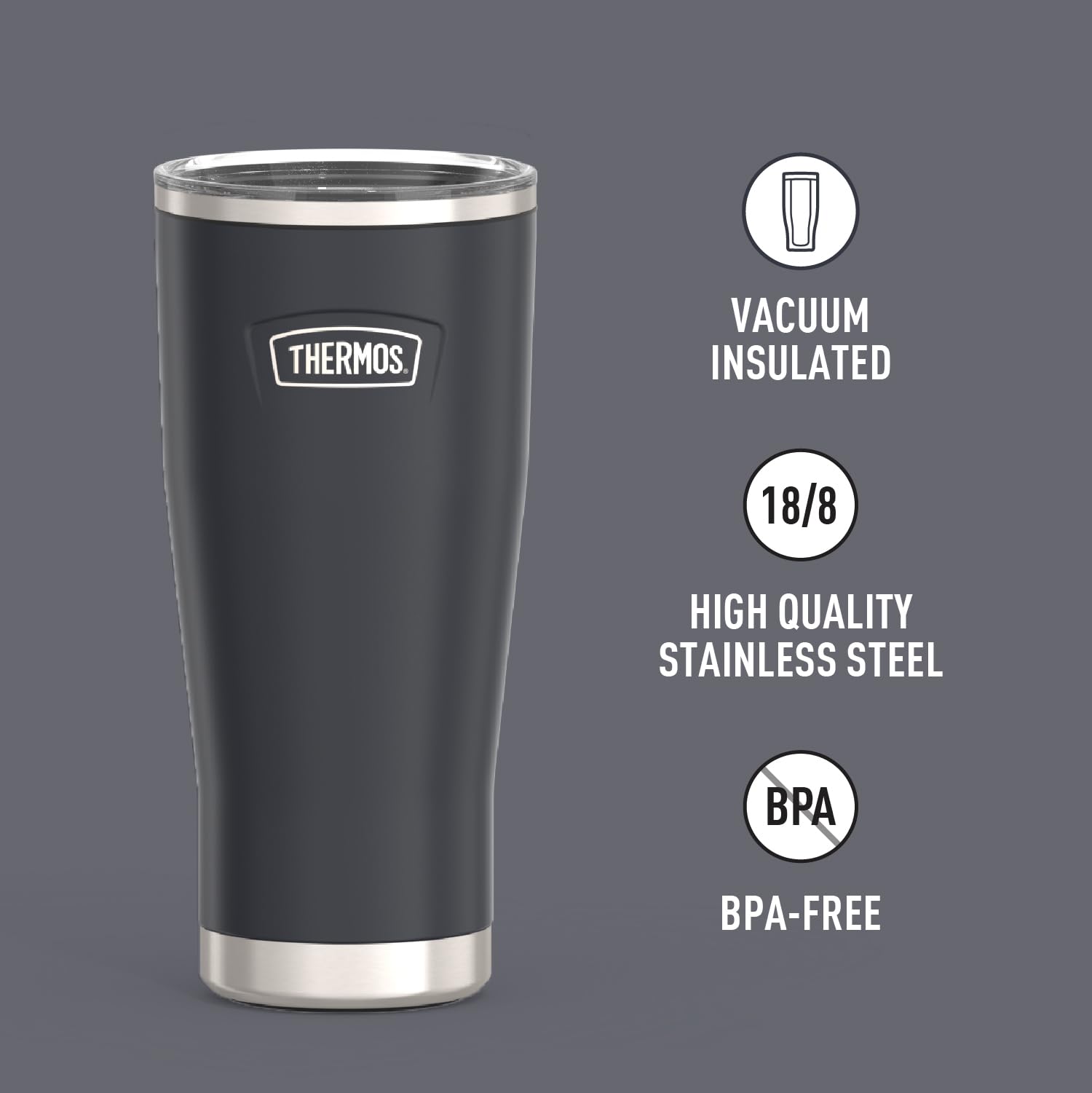 THERMOS slide-lock lid detail illustrating secure seal and spill reduction benefit