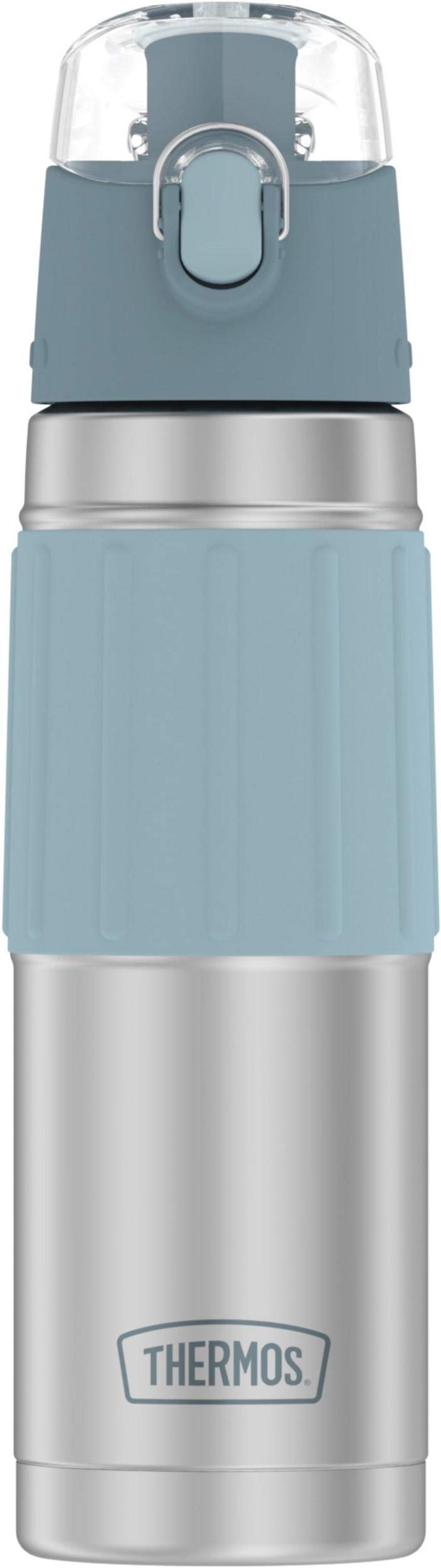 THERMOS gray bottle front view showing sleek stainless-steel finish and portable design for easy carry